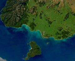 Satellite image of most of New Zealand's Southland Region, including Stewart Island and southern Fiordland.