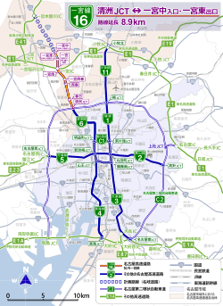 名古屋高速と周辺有料道路のルート図。青線が名古屋高速でその内のオレンジ線が16号一宮線。