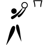 A black-and-white pictogram showing a stick figure shooting a ball into a basket