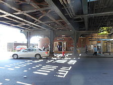 The station entrance beneath the bridge for the tracks. New Lots Avenue L Entrance.JPG