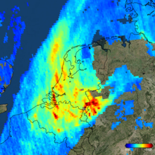 2017 Sentinel-5P satellite imagery of high levels of atmospheric nitrogen dioxide (NO2) over the Low Countries Nitrogen dioxide over the Netherlands (TROPOMI, 2017-12-01).png