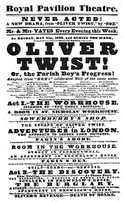 The earliest known playbill of a production of Oliver Twist - Royal Pavilion Theatre (1838) Oliver Twist Pavilion Theatre 1838.jpg