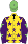 Yellow, purple stars, purple sleeves, light green stars, light green cap