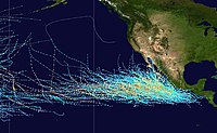 Tracks of all tropical cyclones in the northern Pacific Ocean east of the International Date Line between 1980 and 2005; the vertical line through the center separates the Central Pacific basin (under the Central Pacific Hurricane Center's watch) from the Northeastern Pacific basin (under the National Hurricane Center's area of responsibility). Pacific hurricane tracks 1980-2005.jpg