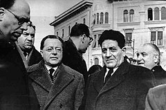 Di Vittorio with Communist leader, Palmiro Togliatti in Modena, 1950. Palmiro Togliatti e Giuseppe Di Vittorio ai funerali delle vittime dell'eccidio delle Fonderie Riunite di Modena.jpg
