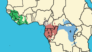 Distribuo de la ordinara ĉimpanzo - subspecio: (1) Pan troglodytes verus (2) Pan troglodytes ellioti (3) Pan troglodytes troglodytes (4) Pan troglodytes schweinfurthii