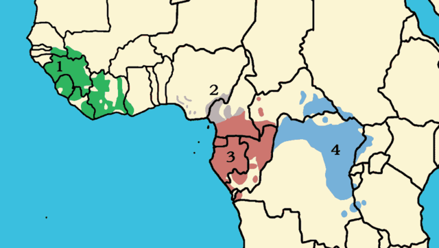 Distribuo de la ordinara ĉimpanzo - subspecio:
(1) Pan troglodytes verus
(2) Pan troglodytes ellioti
(3) Pan troglodytes troglodytes
(4) Pan troglodytes schweinfurthii