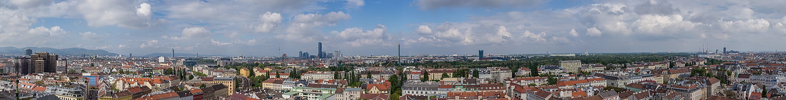 180° panoramic view from the church St. Othmar unter den Weißgerbern, Vienna. Main view to the north with Donau-City