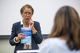 Dr. Paula Poindexter lecturing at the Moody College of Communication at The University of Texas in Austin, Texas, United States. Paula Poindexter Lecture Oct 3 2017 (37262762130).jpg