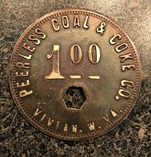 $1 scrip coin from Peerless Coal & Coke Co., Vivian, West Virginia Peerless Coal Scrip.jpg