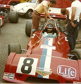 Peter Gethin in the Chevron B28 at Monza, in 1974 Peter Gethin at 1974 Monza Formula 5000 race.jpg