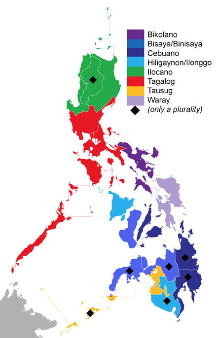 The indigenous (native) Philippine languages spoken around the country that have the largest number of speakers in a particular region with Tagalog being the largest. Note that on regions marked with black diamonds, the language with the most speakers denotes a minority of the population.