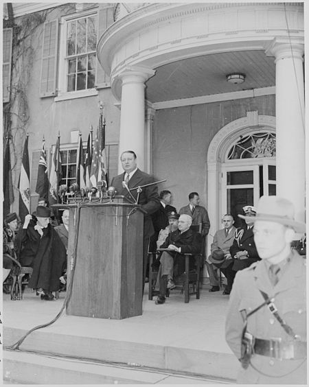 Photograph of Secretary of the Interior Julius Krug delivering an address at the dedication of Franklin D.... - NARA - 199357.jpg