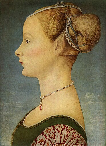 Painting of a young woman with blond hair, in profile.