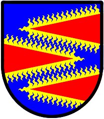 Paul (England): Azure, on each of three piles rayonny or, one issuing from the dexter and two from the sinister, a pile gules.