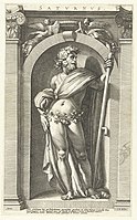 Saturnus.  1592. Gravure met een beitel op koper.  H. Goltzius naar een fresco van Polidoro da Caravaggio