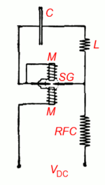 Circuit of basic arc converter, from Poulsen's 1904 paper (labels added). Poulsen arc converter circuit.png