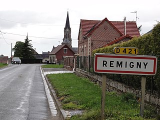 Remigny (Aisne) city limit sign.JPG