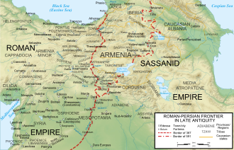 Map depicting the Roman-Sasanian borders in Late Antiquity (4th-7th centuries) Roman-Persian Frontier in Late Antiquity.svg