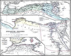 Map showing (top) the Roman province of Africa Vetus (mauve) and the Roman satellite-states of Numidia (blue) and Mauretania (green). In 25 BC, Numidia was divided into a northern part, which was annexed to Roman Africa, and a southern part, including Tripolitania (western Libya), which was added to Mauretania and placed under king Juba II, a reliable Roman client-king. Roman Africa.JPG