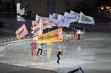 The announcement of past Winter Olympic Games. SLC flags opening ceremony.jpg