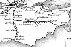 A black-and-white map of southern England showing the first railway lines from London to Brighton and Dover