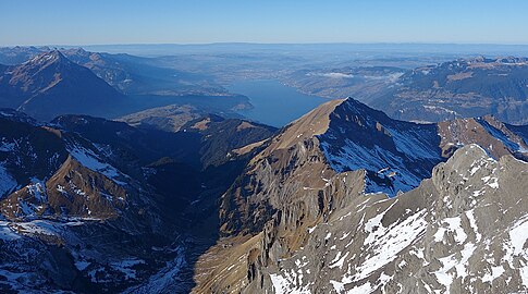 a view from Schwalmere to mountain Morgenberghorn, Niesen and Lake Thun (Thunersee)