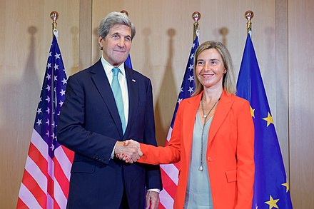 Mogherini with U.S. Secretary [37] of State John Kerry, in July 2016.