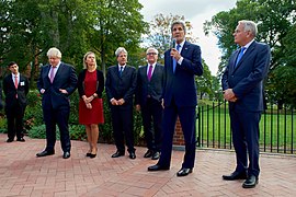 Foreign Ministers Boris Johnson (United Kingdom), Federica Mogherini (European Union), Paolo Gentiloni (Italy), Frank-Walter Steinmeier (Germany) and Jean-Marc Ayrault (France) with U.S. Secretary of State John Kerry speaking at Tufts University, September 2016