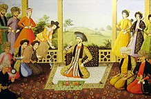 Painting of Shah Suleiman I and his courtiers by Aliquli Jabbadar, Isfahan, 1670. The painting was acquired by Tsar Nicholas II, and is now kept at the Institute of Oriental Manuscripts in Saint Petersburg. Shah soleiman safavi.jpg