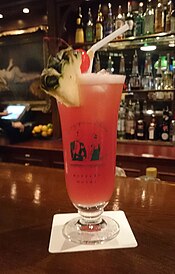 The Singapore sling is a popular gin sling originally made at the Long Bar, Raffles Hotel, Singapore Singapore sling raffles hotel.jpg