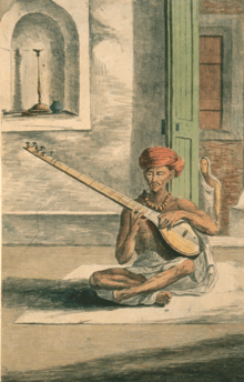 Ilustración del siglo XVIII de un zurdo tocando un sitar