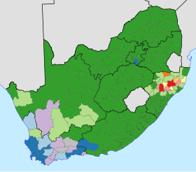 Map showing the outcome of the election in the metropolitan and local municipalities
.mw-parser-output .legend{page-break-inside:avoid;break-inside:avoid-column}.mw-parser-output .legend-color{display:inline-block;min-width:1.25em;height:1.25em;line-height:1.25;margin:1px 0;text-align:center;border:1px solid black;background-color:transparent;color:black}.mw-parser-output .legend-text{}
ANC outright winner
ANC largest party
DA outright winner
DA largest party
IFP outright winner
IFP largest party
NFP outright winner
NFP largest party
ANC, DA tied
ANC, IFP tied
Other party largest South Africa 2011 LGE council winners.svg