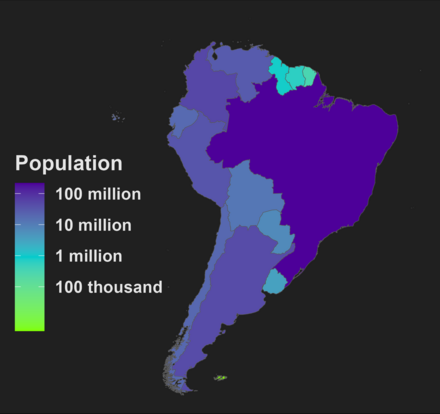 South American countries by population, 2023 South america population map.png