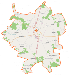 Mapa konturowa gminy Stawiski, u góry po prawej znajduje się punkt z opisem „Romany”