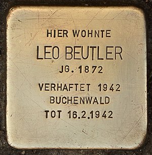 Stolperstein: Hier wohnte, Leo Beutler, Jahrgang 1872, verhaftet 1942, Buchenwald, tot 16.2.1942