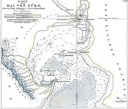 Northernmost part of Gulf of Suez with town Suez on map of 1856