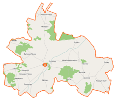 Mapa konturowa gminy Szreńsk, blisko centrum po lewej na dole znajduje się punkt z opisem „Szreńsk”