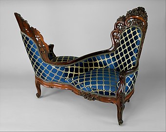 Tête-à-tête, an example of Second Empire furniture; 1850–1860; rosewood, ash, pine and walnut; 113 x 132.1 x 109.2 cm; Metropolitan Museum of Art (New York City)