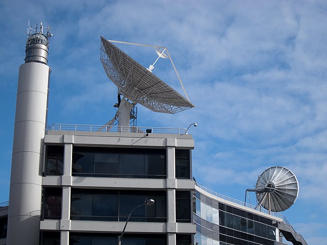 Satellite dish on roof of TVNZ Building, Hobson Street, Auckland CBD