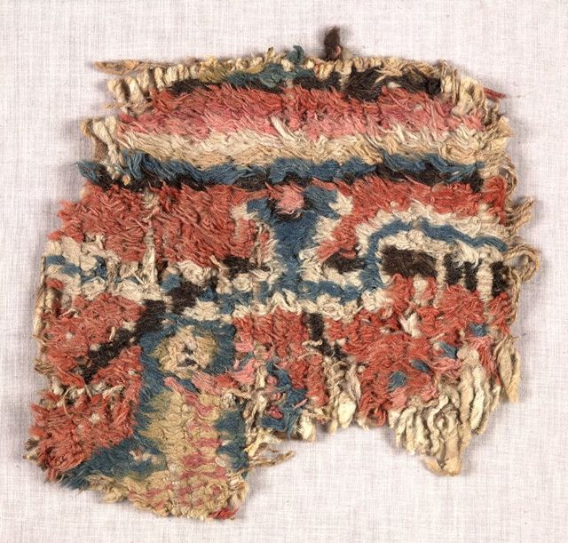 Carpet fragment, Loulan, Xinjiang province, China, dated to 3rd-4th century AD. British Museum, London
