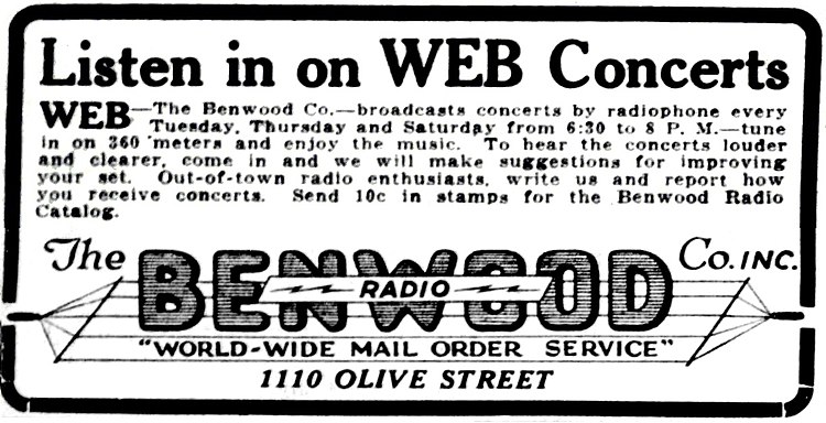 May 4, 1922 advertisement for The Benwood Company and its radio station, WEB.