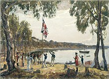 The Founding of Australia, 26 January 1788, by Captain Arthur Phillip R.N., Sydney Cove. Painting by Algernon Talmage.