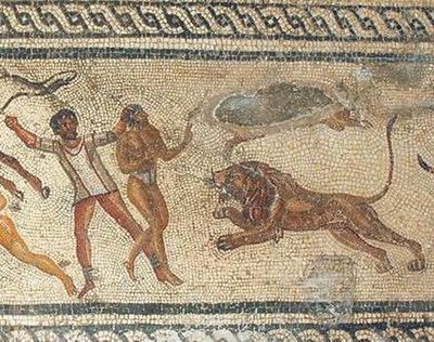 Portion from the Zliten mosaic found in the Villa of Dar Buc Ammera depicting the execution of Garamantian prisoners through damnatio ad bestias in th