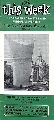 Cover of This Week in Greater Lafayette and Purdue University, May 1991. Image of Ouabache Sculpture at its original location in downtown Lafayette, IN. This Week in Greater Lafayette and Purdue University, May 1991.jpg