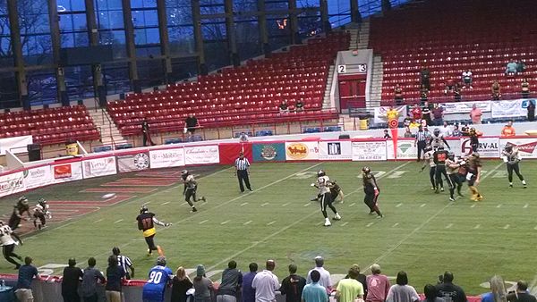 Lehigh Valley Steelhawks (gold jerseys with black accents) vs. Triangle Torch (black jerseys with red and yellow accents) play an Indoor Football Leag