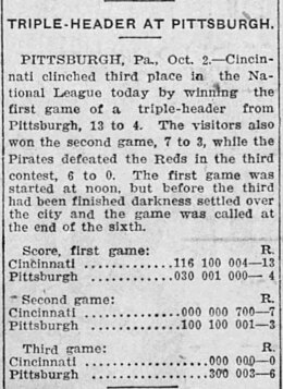 Newspaper account in the Austin American-Statesman of the tripleheader played on October 2, 1920 Tripleheader linescores 1920.jpg