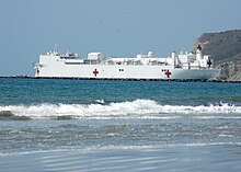 Hospital ship Mercy leaving San Diego in May 2008. USNS Mercy leaving San Diego Bay.jpg