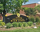 The second Upper Arlington High School, which served from 1956 until its demolition in 2021. UpperArlingtonHighSchoolSign.jpeg