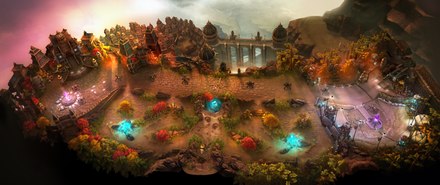 The Halcyon Fold map from the game Vainglory features a single lane connecting the two team bases, and the "jungle" underbrush beneath the lane.